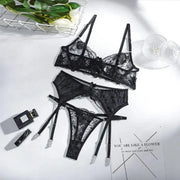 Women's 3-Piece Lace Embroidery Lingerie Set with Garter